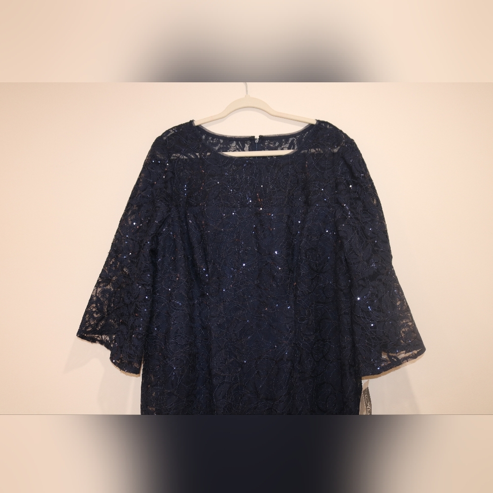 Alex Evenings Plus Size Sequined Lace Sheath Dress - Navy - Picture 3 of 9